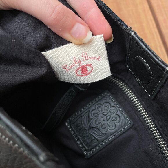 Lucky Brand Vintage Leather Patchwork Hobo Crossbody Purse Bag Grey Black New - Picture 10 of 14